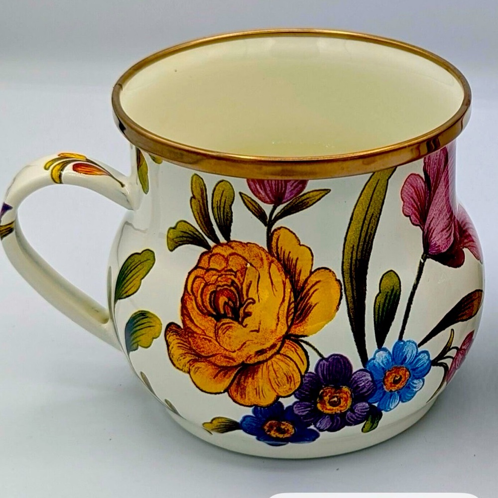 Mckenzie Childs white flower market design coffee cup.